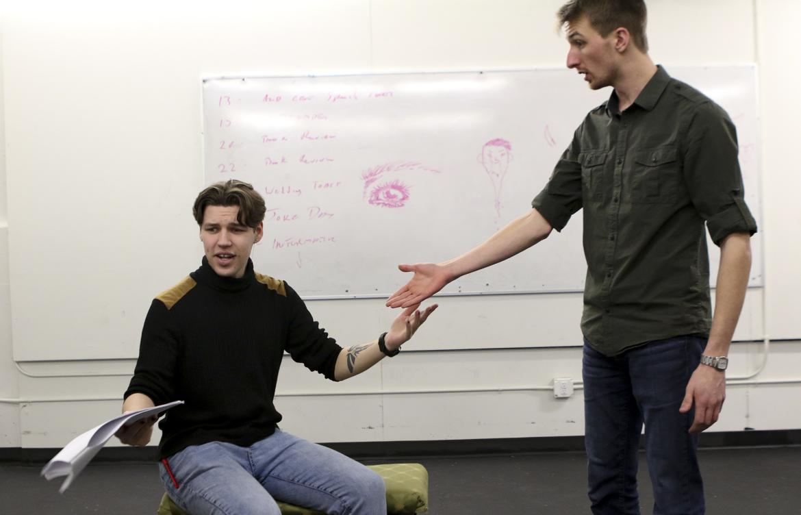Icarus Skelly, left, and Willem Roelants rehearse a scene from Art Gallery, one of the plays in this year’s Satyr’s Players one-act festival.