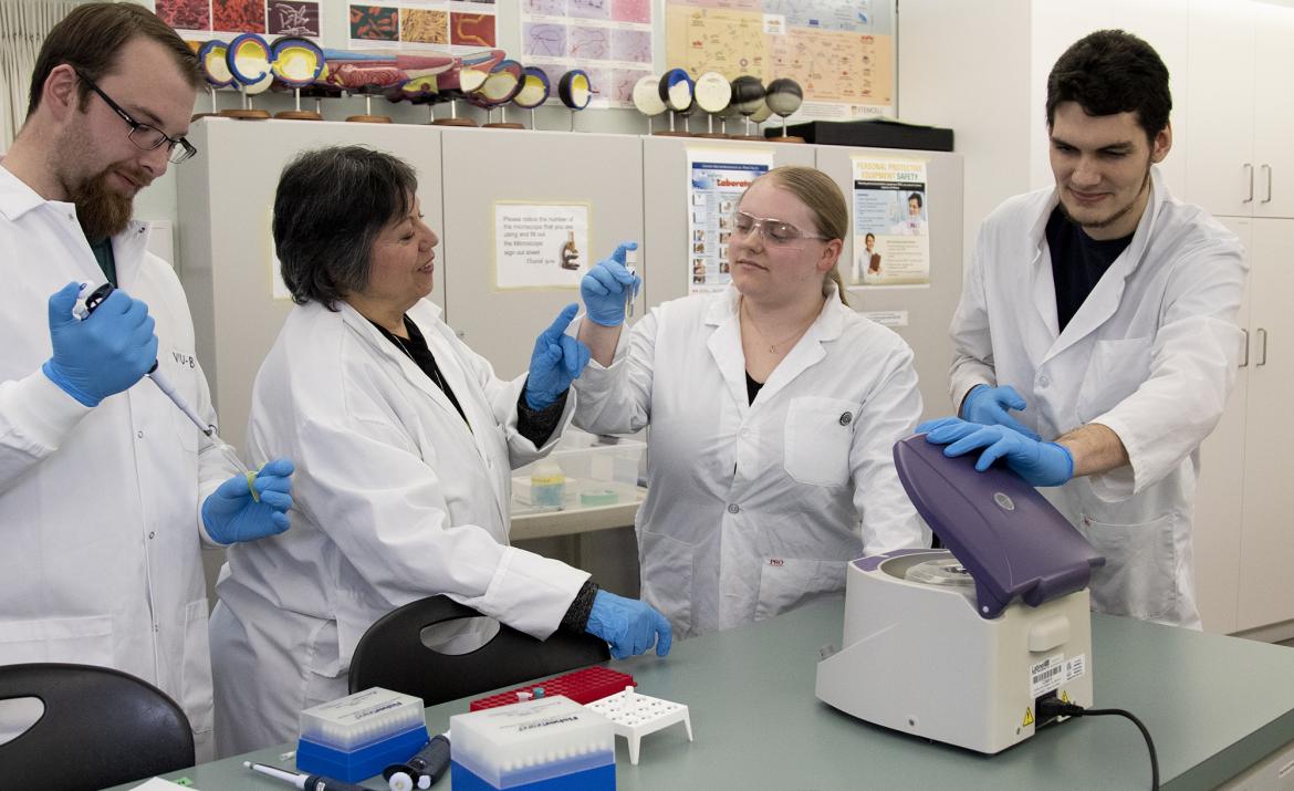 : From left, Scott Britney, Dr. Mercedes Hernandez, Nicolen Johnson and Andre Gauvin have been conducting antibiotic-resistant gene research to determine how common they are in urban environments. (Please note that this photo was taken prior to the COVID