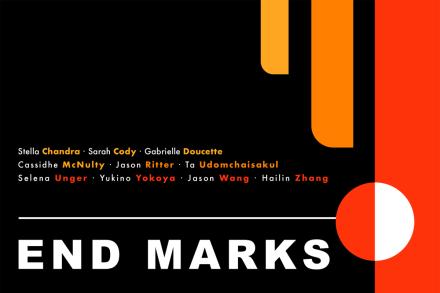 A yellow, orange and red line descend from the top right corner over a black background on exhibit poster for End Marks