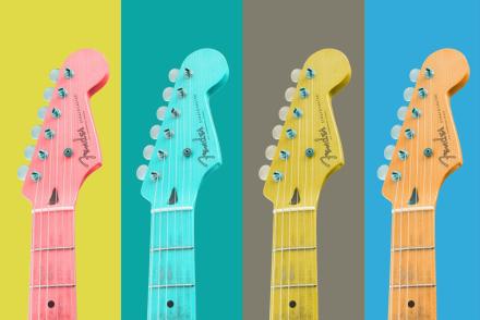 The top half of guitars pictured against yellow, green, grey, blue and peach backgrounds.