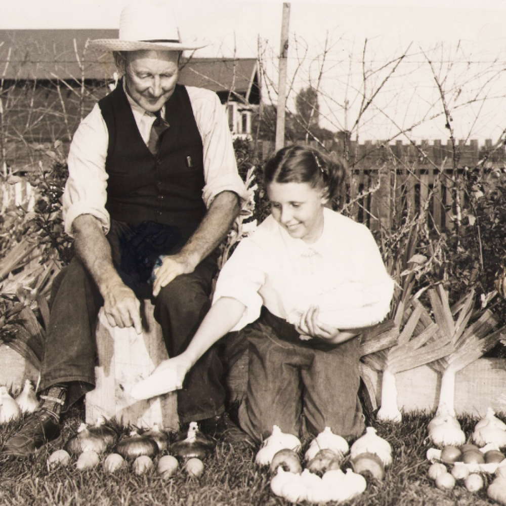 A man and a woman kneel behind produce laid out on grass
